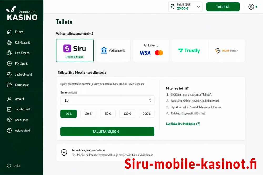 10 euron tallettaminen Siru-maksutavalla