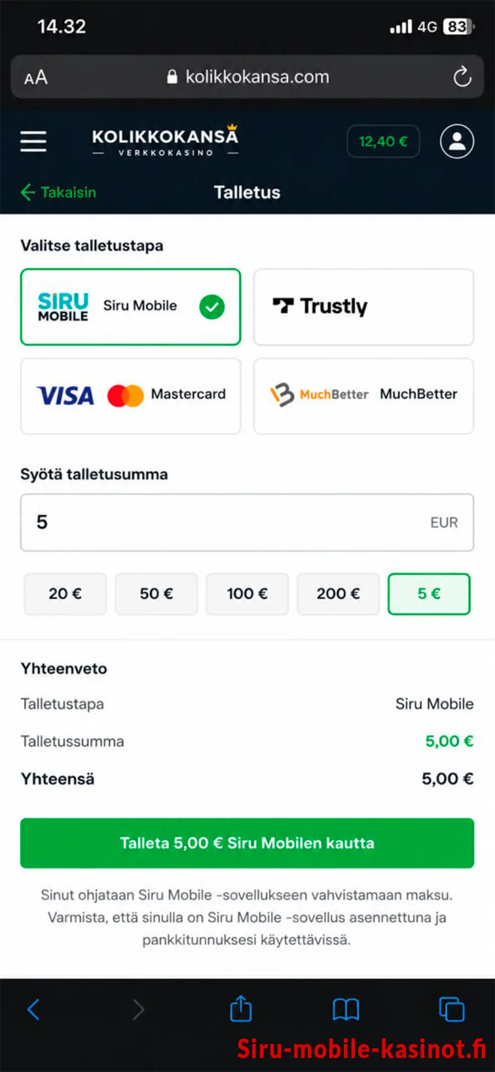 Siru Mobile casino 5 € talletus